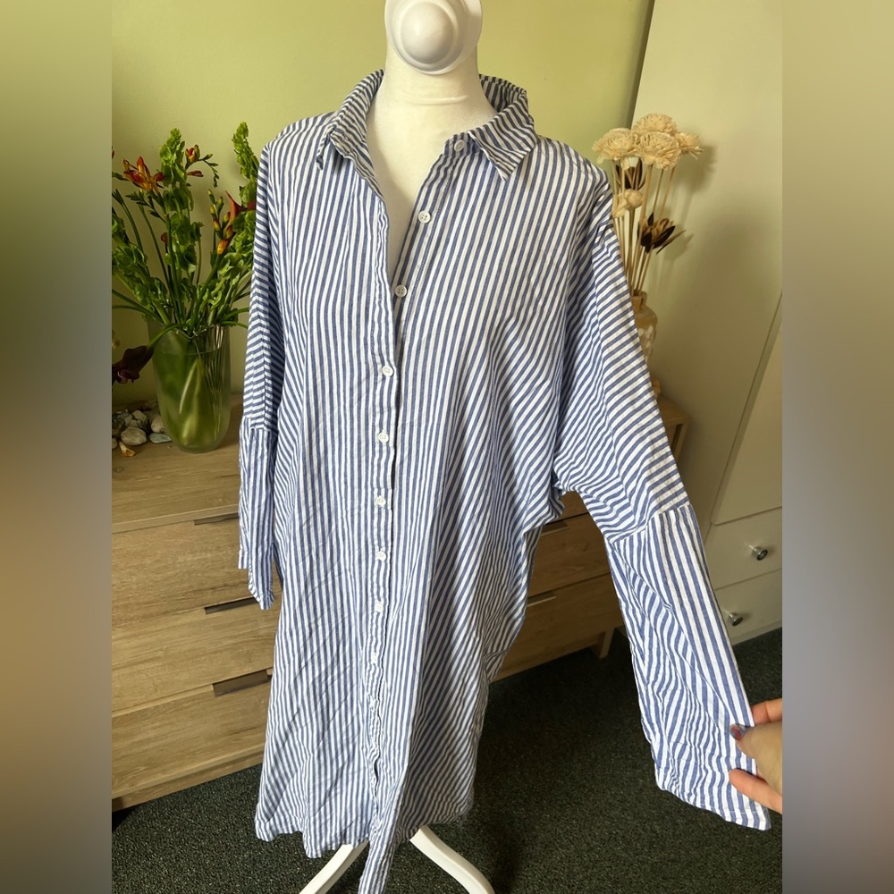 Blue & White Stripe Button Down Drop Shoulder Gauzy Airy Flowy Beach Midi Dress - Picture 4 of 15